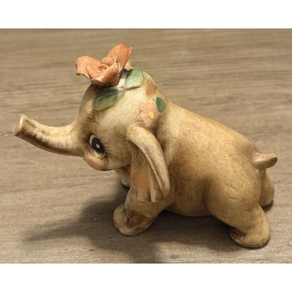 Vintage Porcelain Baby Elephant With Flowers On Head Anthropomorphic Korea